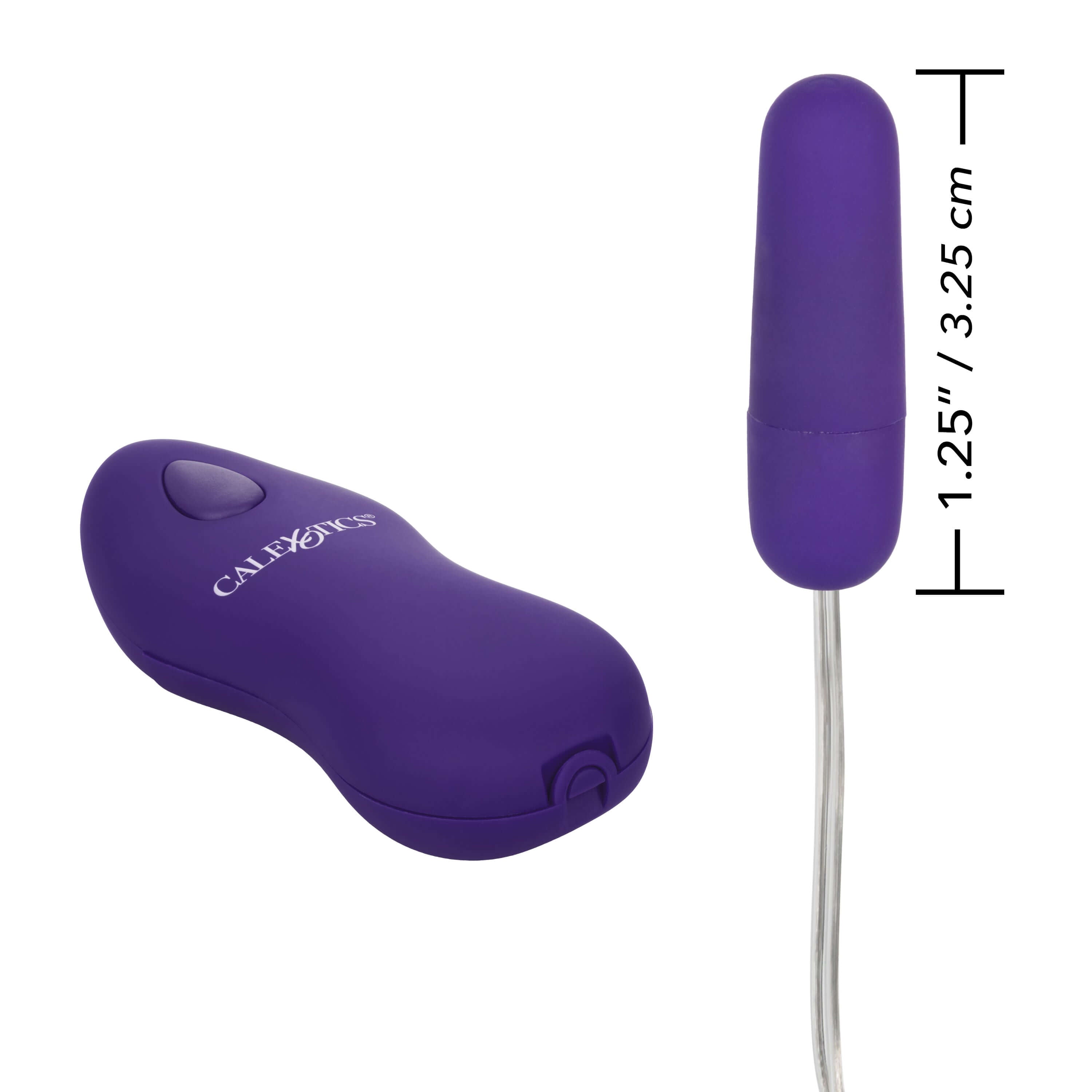 Whisper Micro Bullet Vibrator Purple shown with dimensions, featuring a sleek and discreet design for quiet stimulation.