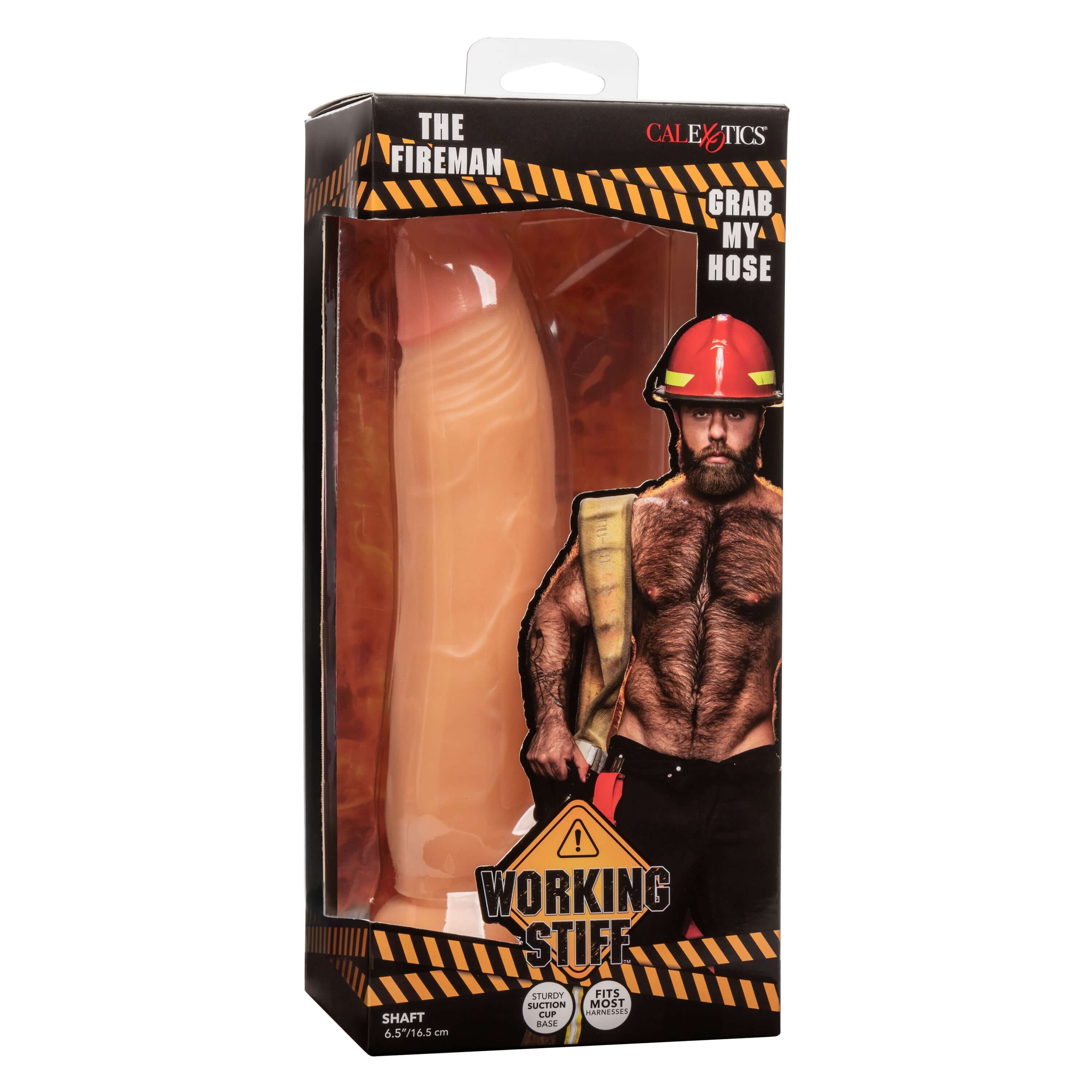 Working Stiff the Fireman Dildo Ivory packaging featuring a realistic firm design and a fireman theme.