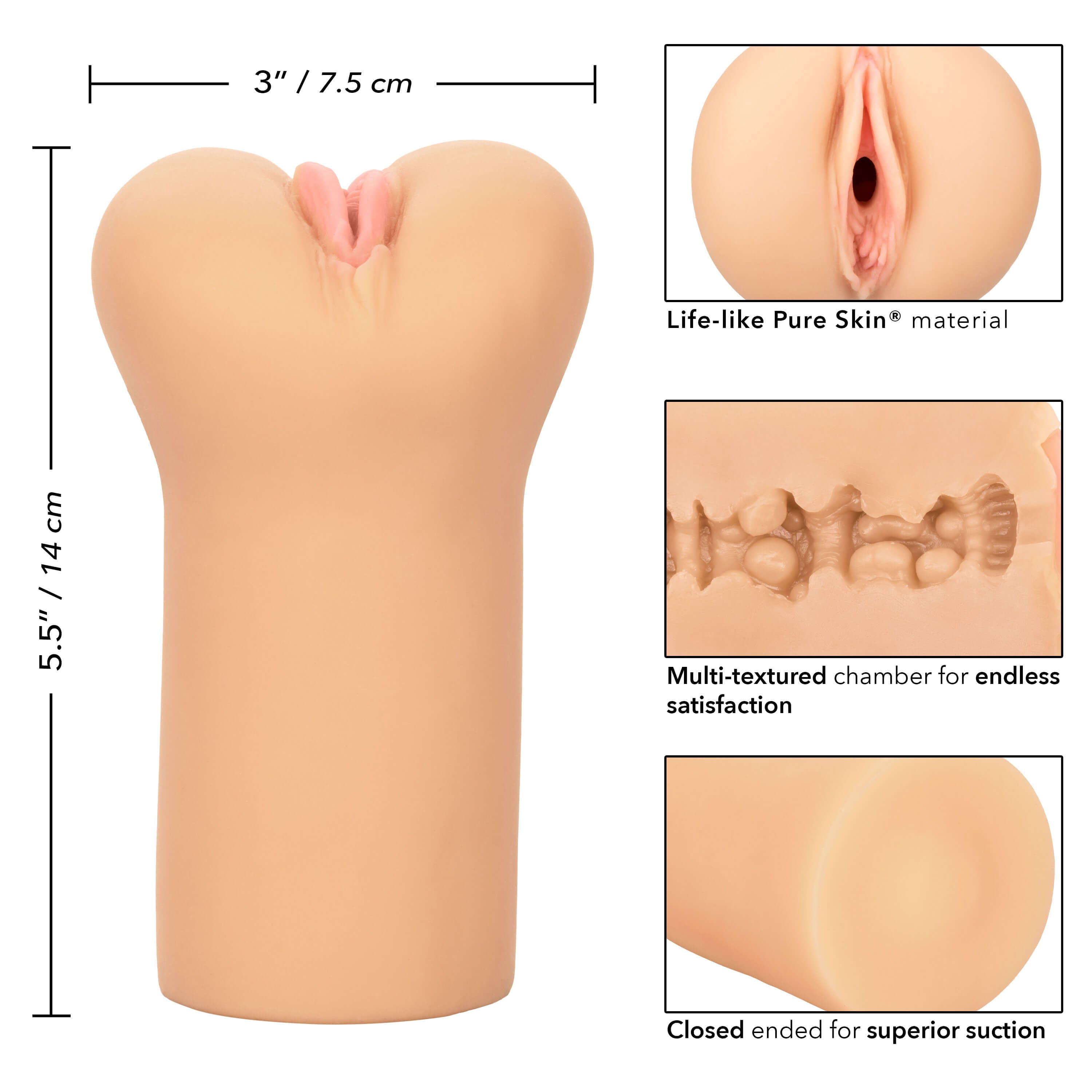 Boundless Vulva Stroker Ivory showcasing its lifelike design, multi-textured chamber, and superior suction features.