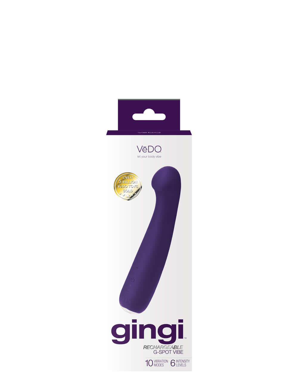 Gingi Rechargeable G Spot Vibrator Purple in packaging with branding and features highlighted.