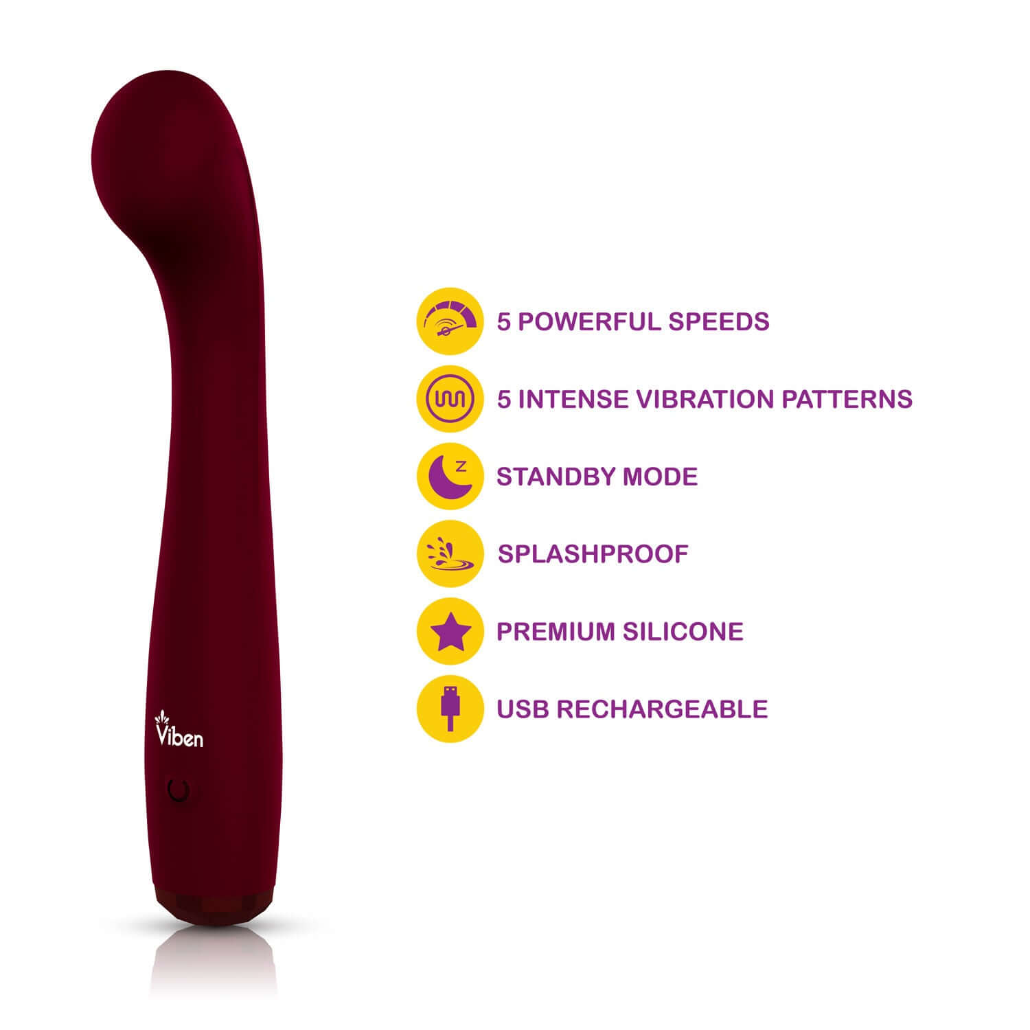 Devotion Ruby Intense G-Spot Vibe by Viben in red with 5 speeds and 5 vibration patterns, USB rechargeable, splashproof, and premium silicone.