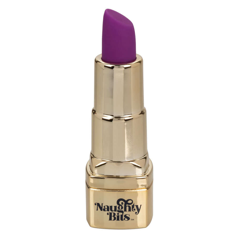 Naughty Bits Bad Bitch Lipstick Vibrator in a gold lipstick casing featuring a bold purple tip.
