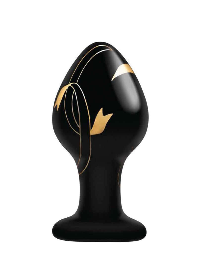 Secret Kisses 3.5 Inch Hand blown Glass Plug Black showcasing elegant design with a smooth black finish and gold accents.