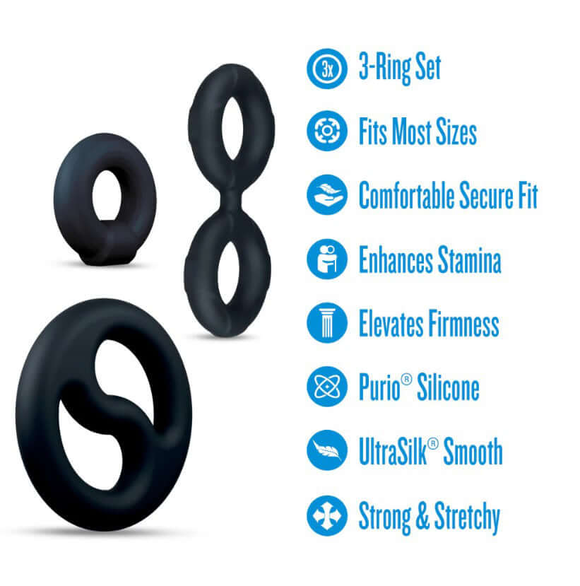 Performance Plus Throttle Silicone Cock Ring Set features a 3-ring silicone set for comfort and enhanced performance.