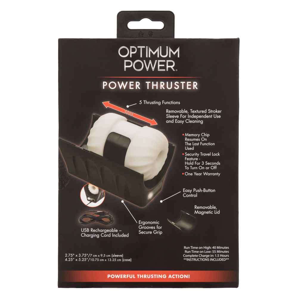 Optimum Power Thruster Stroker Black packaging showcasing features and specifications for an advanced thrusting masturbator.