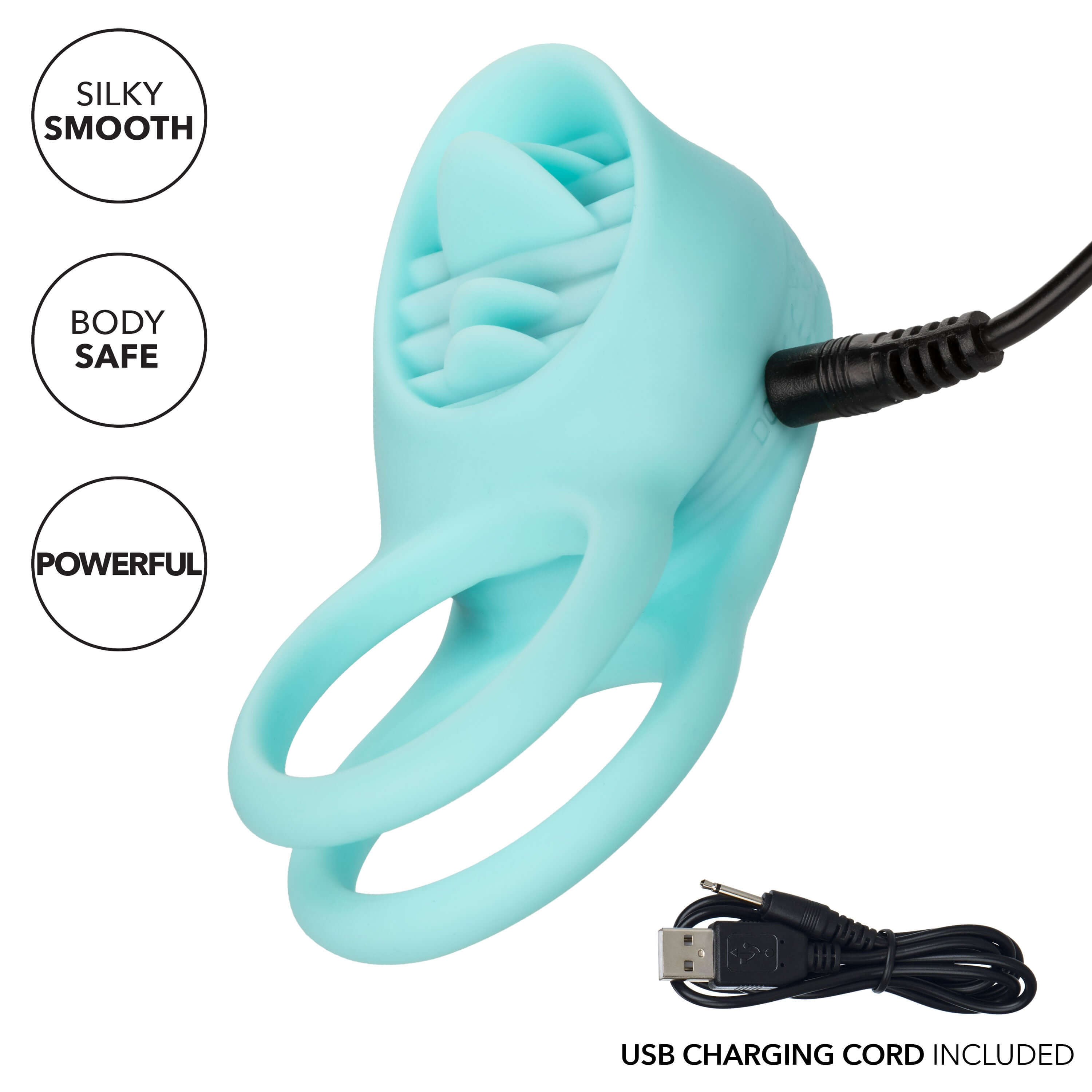 Silicone Rechargeable French Kiss Enhancer with USB charging cord, featuring a silky smooth and body-safe design.