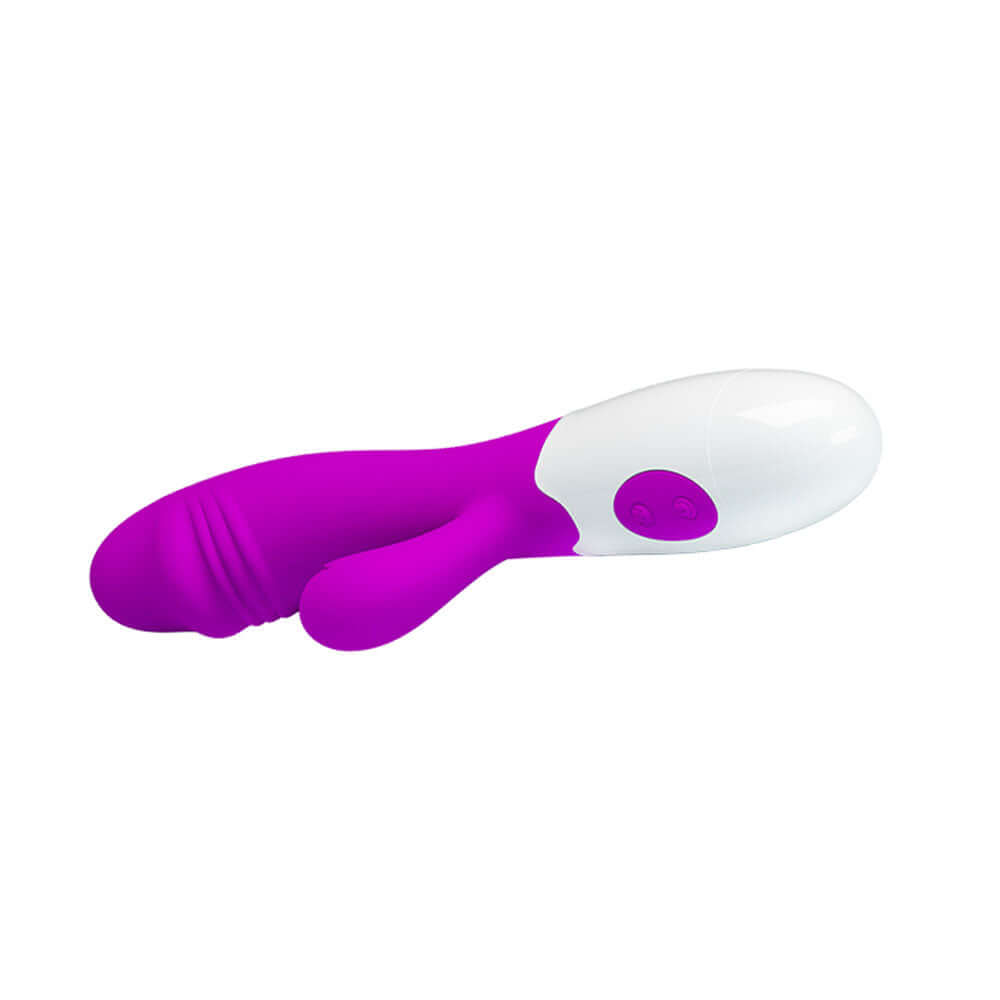 Pretty Love Rabbit Vibrator Snappy in vibrant purple and white design for dual stimulation.