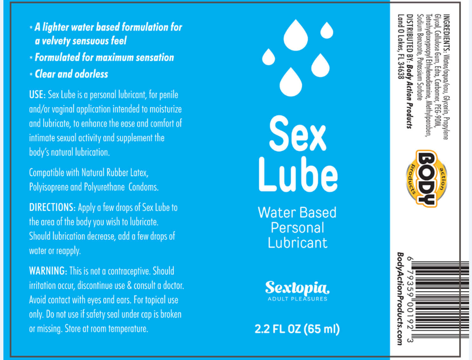 Sex Lube Waterbased Lubricant 2.2 Oz packaging with clear, odorless formula for sensual enjoyment and comfort.