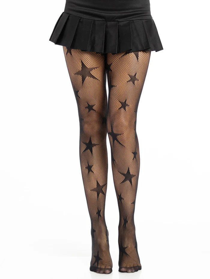 Leg Avenue Star Net Tights OS Black worn with a black skirt, featuring a stylish star pattern and fishnet design.