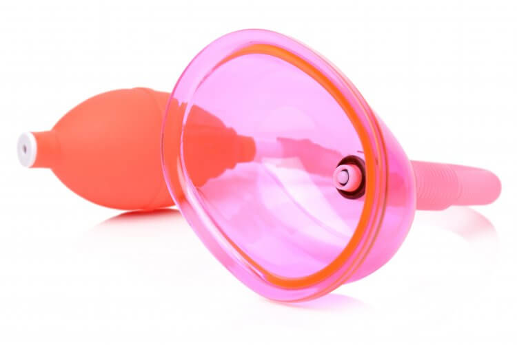 Vaginal Pump With 3.8 Inch Small Cup, featuring an ergonomic design with a pink cup and orange bulb for controlled suction.