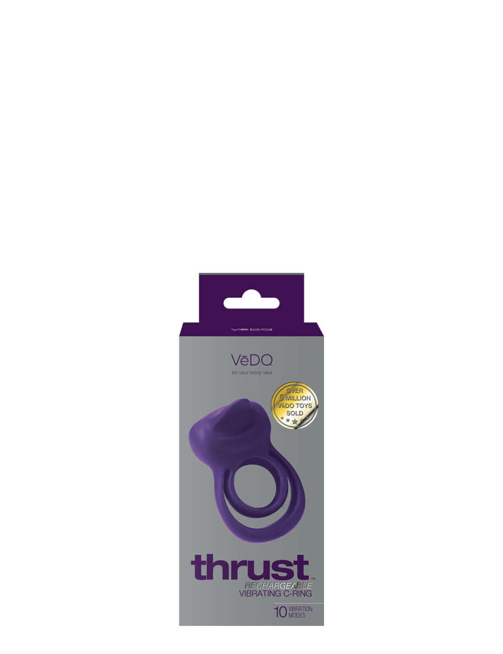 Vedo Thrust Rechargeable Dual C Ring Purple packaging featuring a purple dual-ring device for enhanced stimulation.