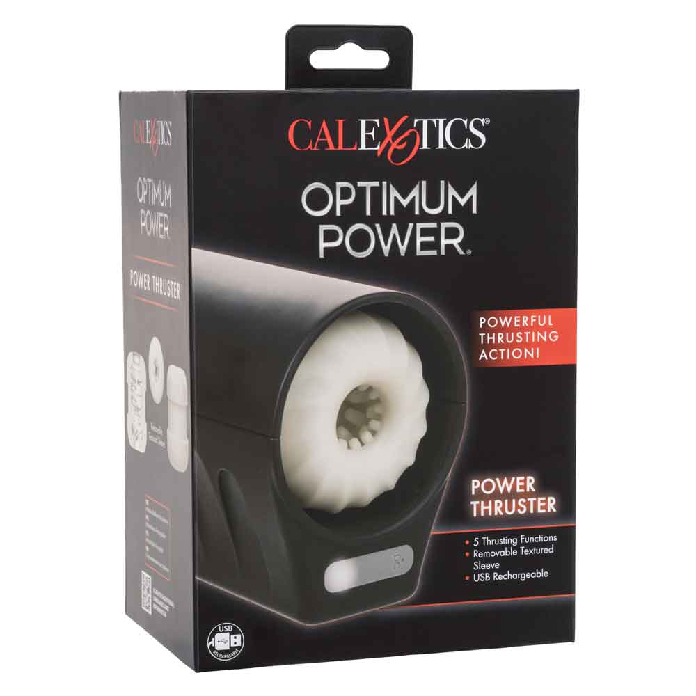 Optimum Power Thruster Stroker Black packaging showcasing its powerful thrusting action and ergonomic design.