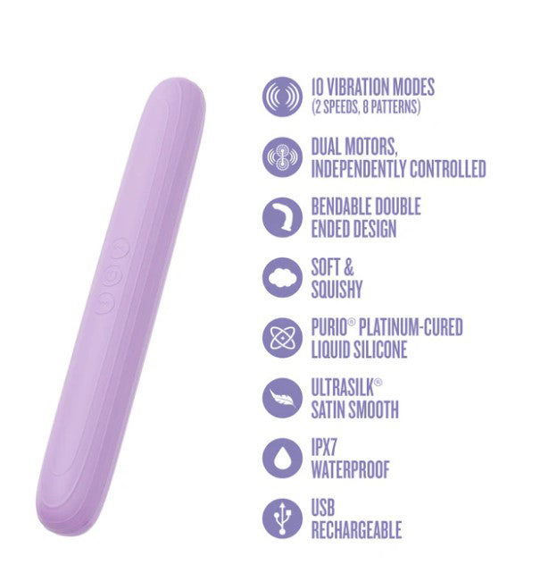 Play With Me Silicone Double Ended Vibrator Purple with dual motors and 10 vibration modes, made of soft silicone.