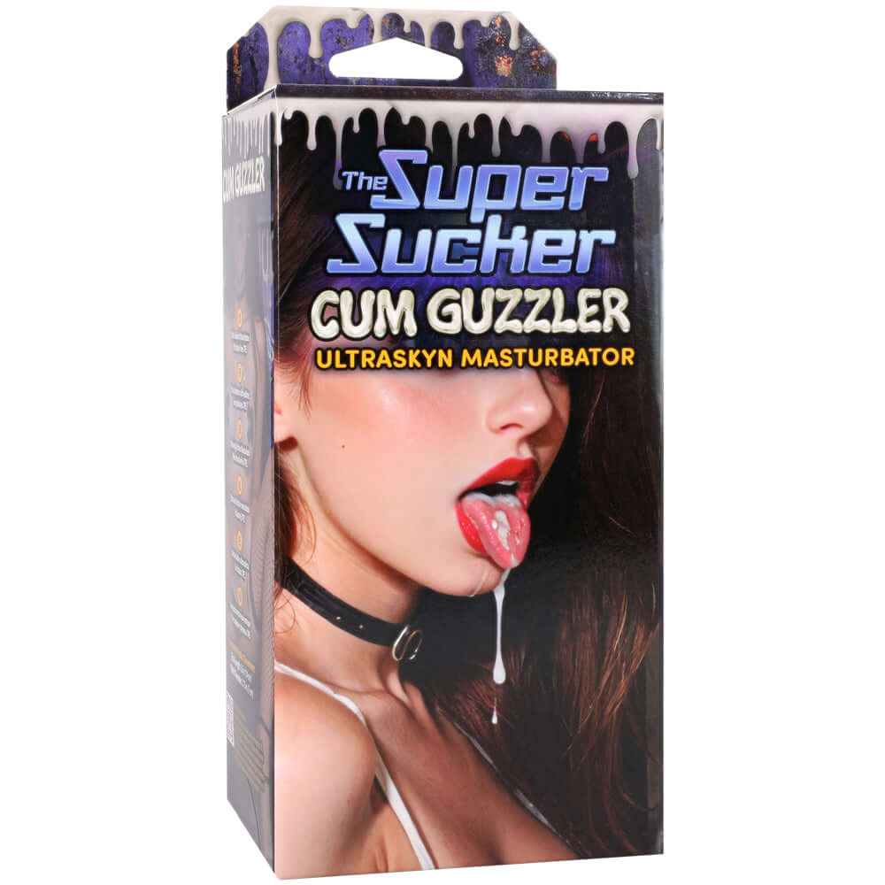 Super Sucker Cum Guzzler Ultraskyn Masturbator packaging showing a provocative image and product details.