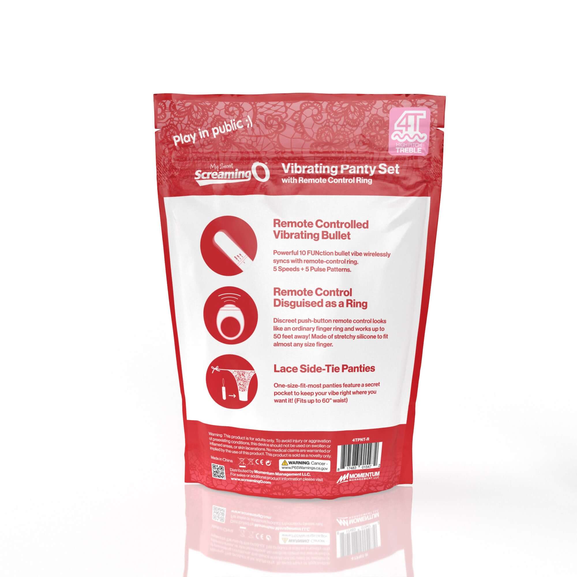 Screaming O 4T Vibrating Panty With Remote Control Ring Red packaging showing features like remote control and lace-panties.