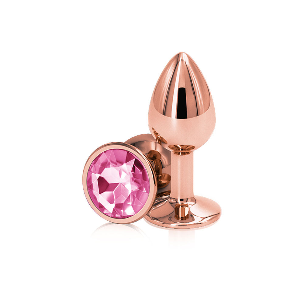 Rear Assets Rose Gold Anal Plug Small Pink with polished finish and pink gemstone detail, ideal for a refined look.