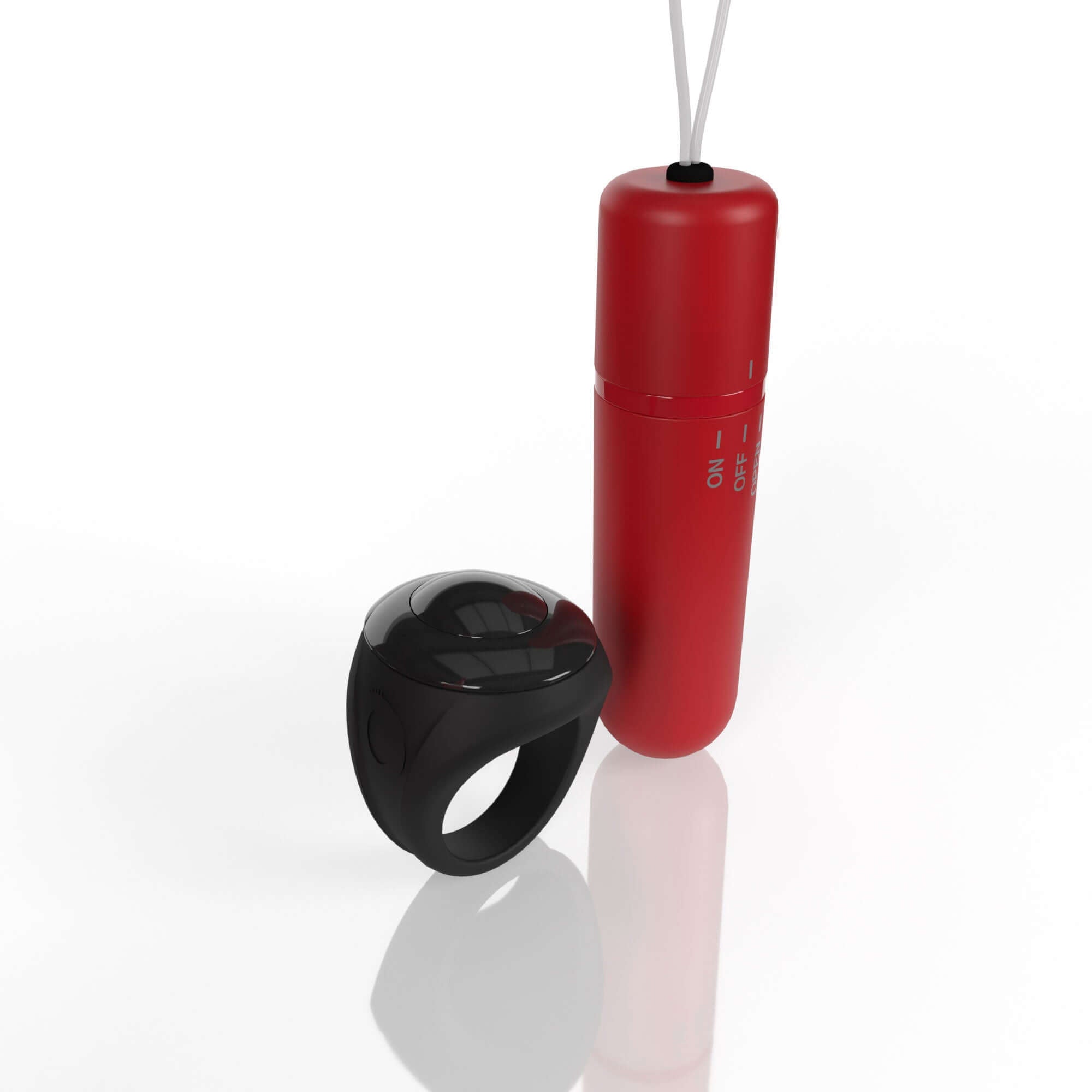 Screaming O 4T Vibrating Panty With Remote Control Ring Red, featuring a red vibrator and a black remote control ring.