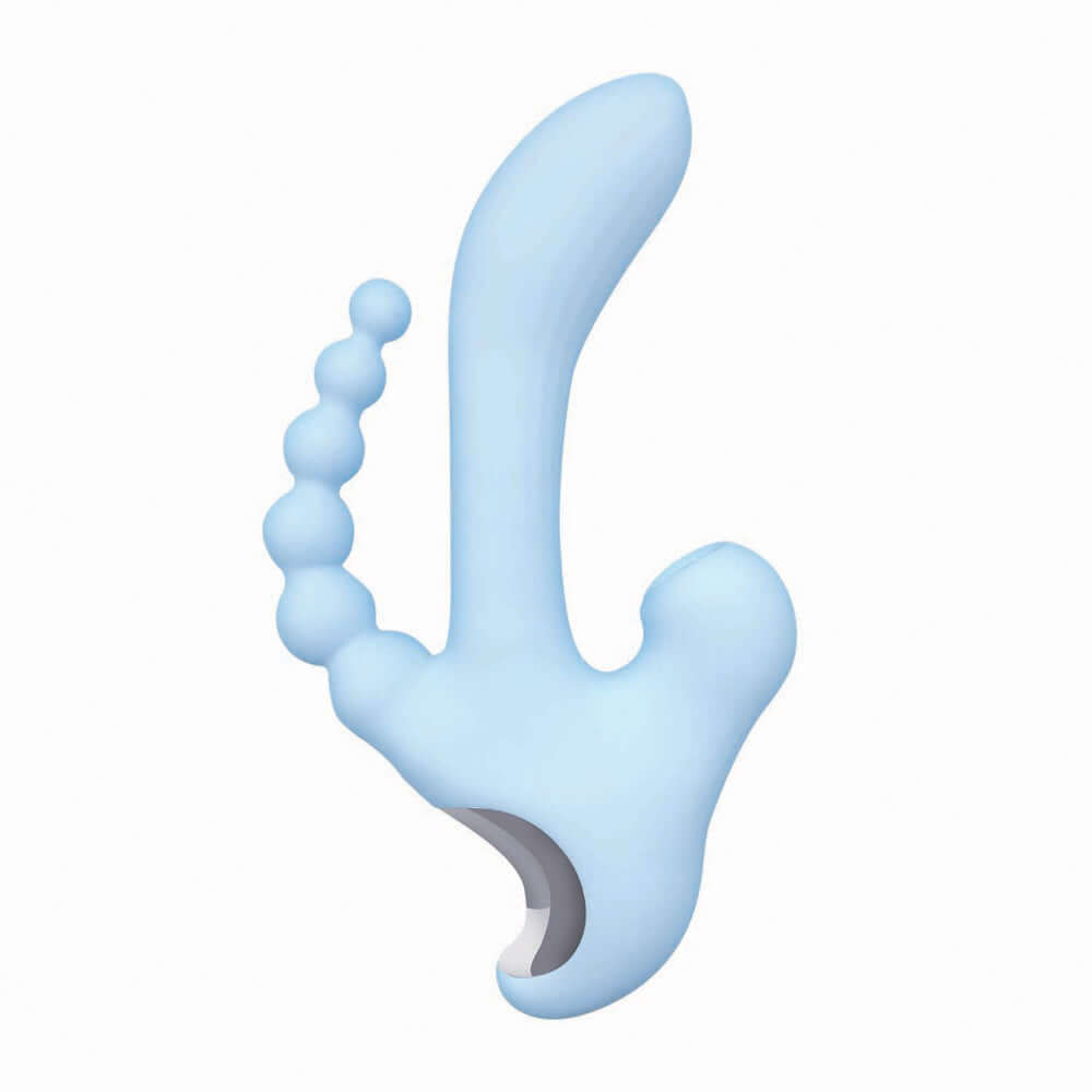 Sky Cirrus Three Way Vibe Massager Blue, a multifunctional blue vibrator with ergonomic design and dual motors.