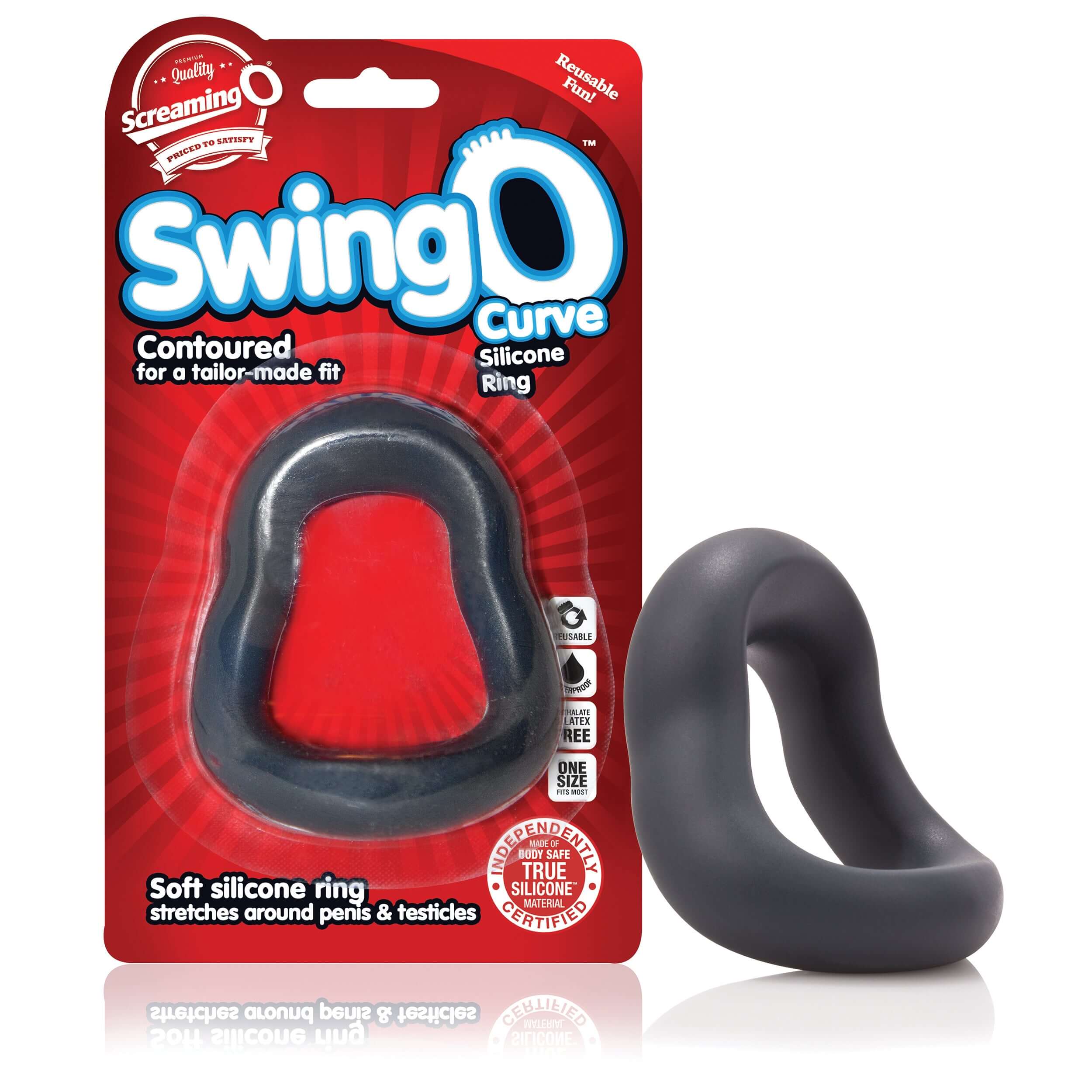Swingo Curve Silicone Ring Grey packaging showcasing a contoured silicone ring designed for customizable comfort.