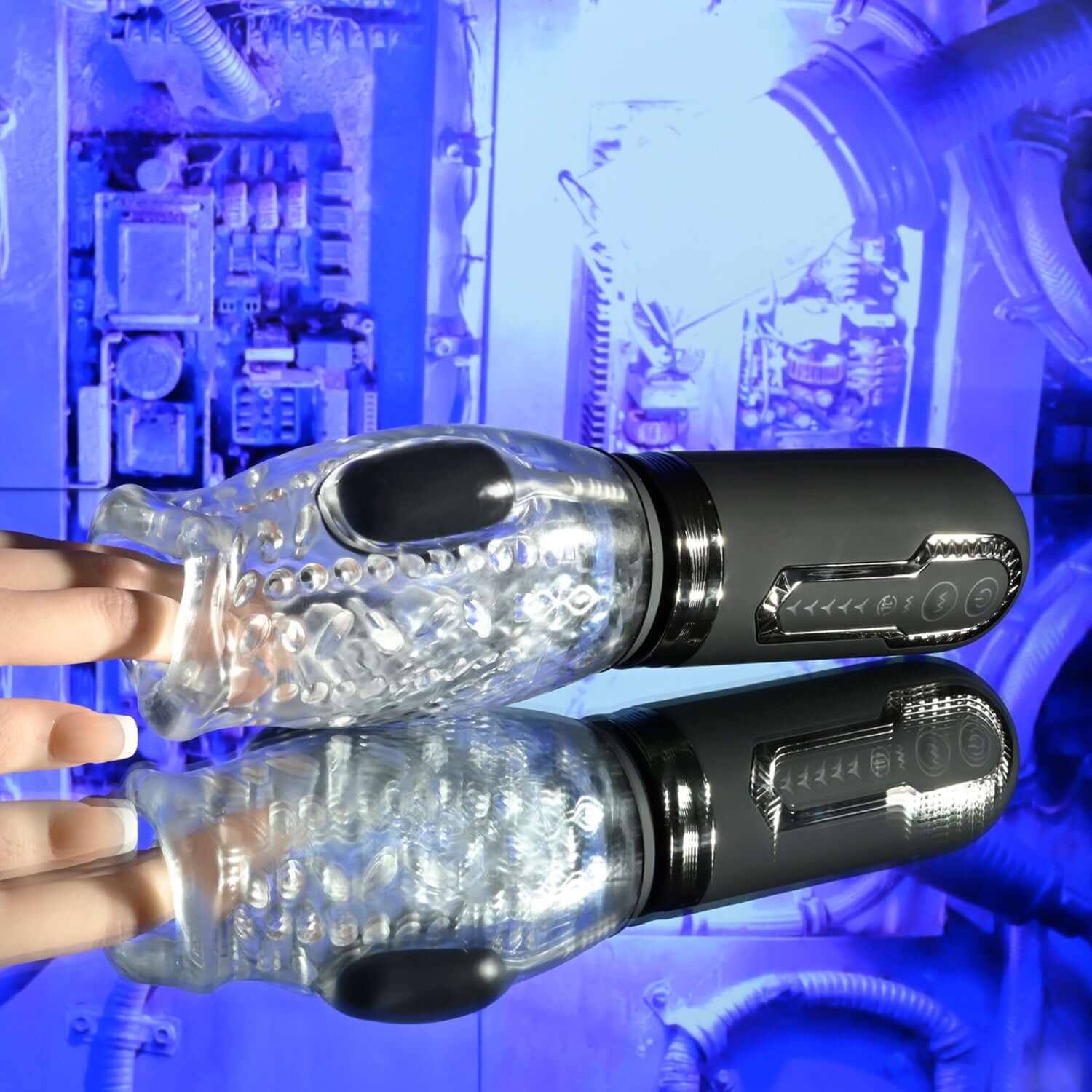 Thrill Ride Rotating Stroker on a reflective surface, showcasing its ergonomic design and vibrant, futuristic background.