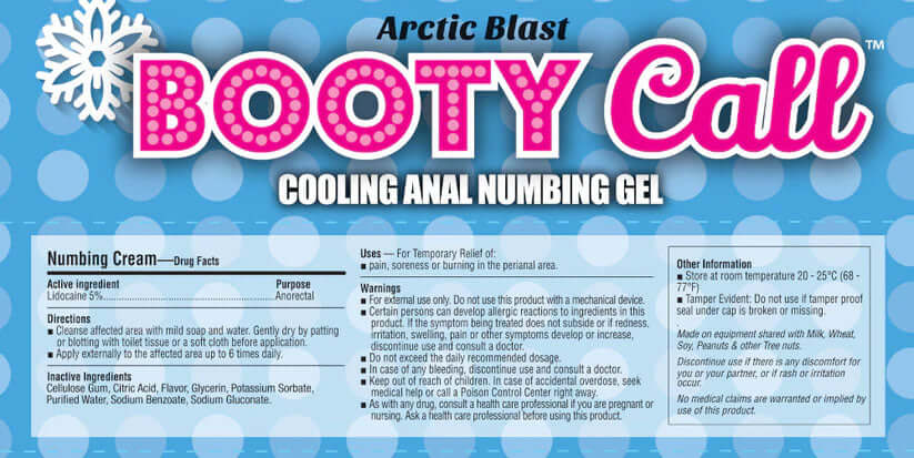 Booty Call Arctic Blast Cooling Anal Numbing Cream packaging with detailed ingredient list and usage instructions.