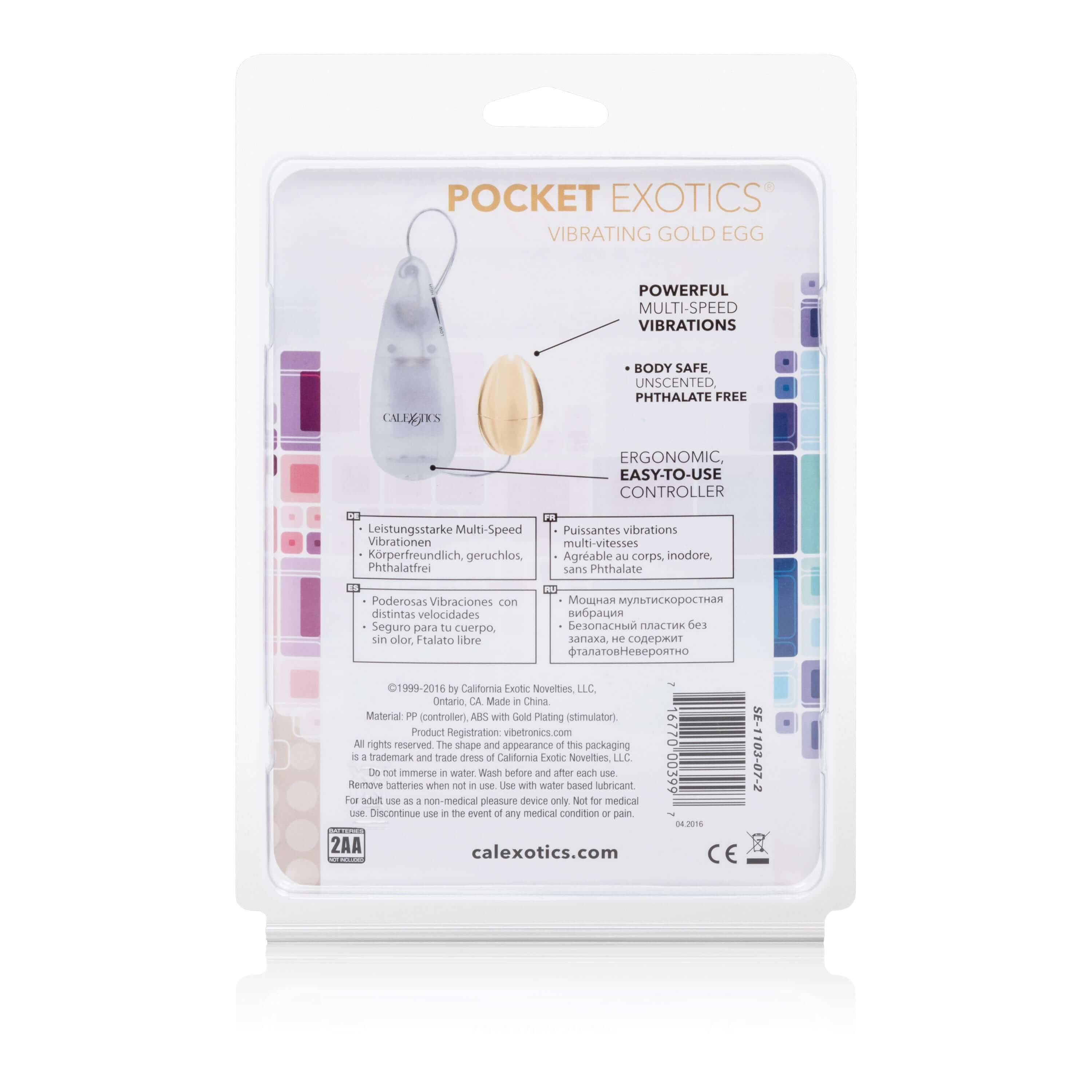 Pocket Exotics Vibrating Egg Gold packaging featuring powerful multi-speed vibrations and ergonomic controller.