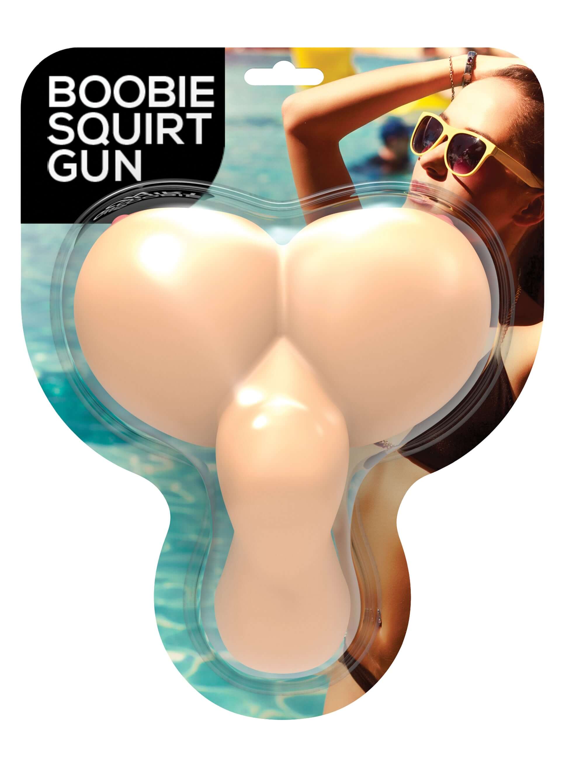 Boobie Squirt Gun novelty water toy packaging with humorous breast design for party fun.