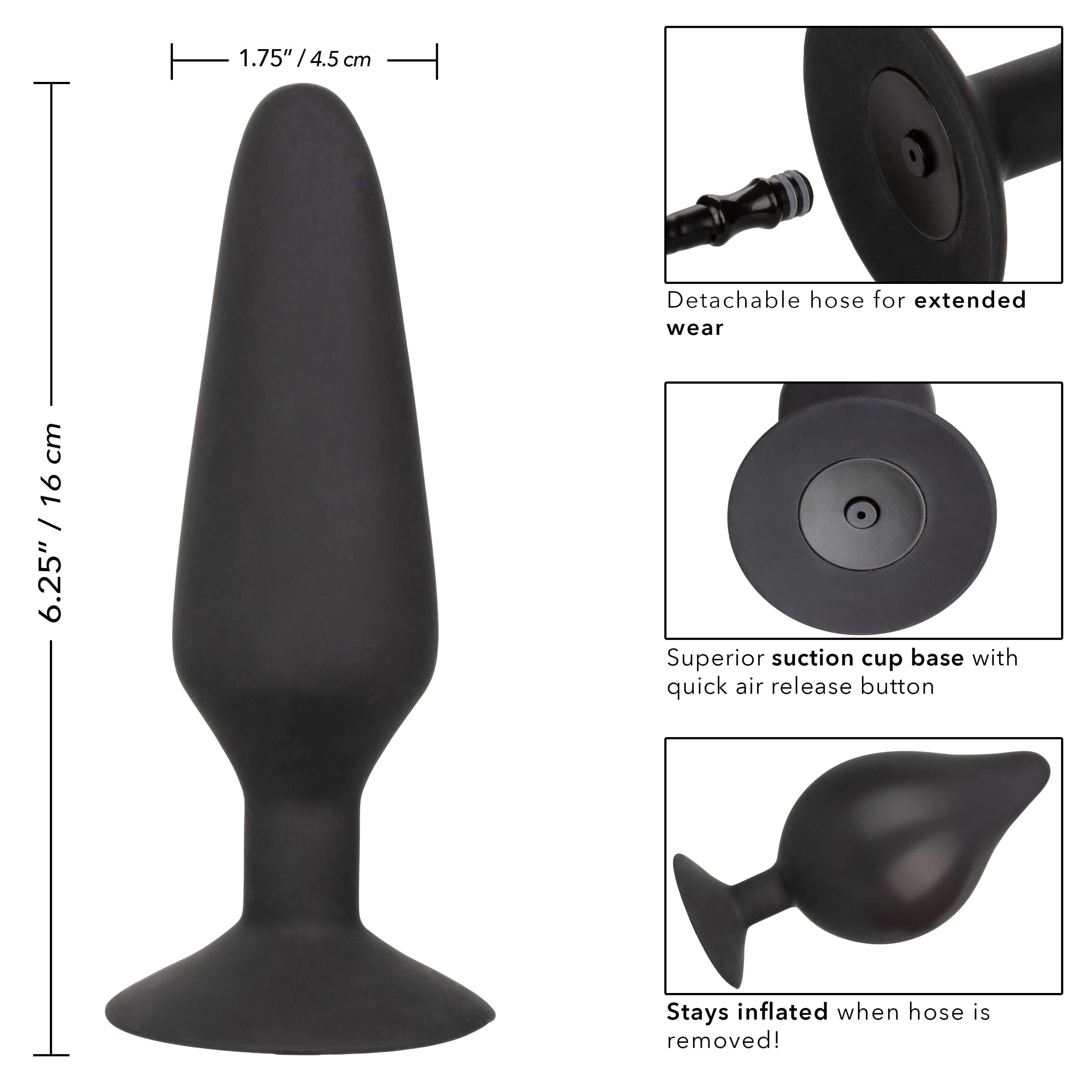XL Silicone Inflatable Plug Black with detachable hose and suction cup base features.