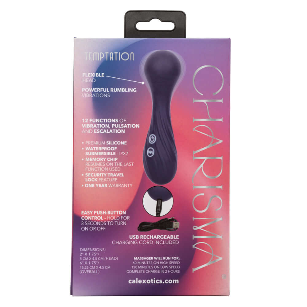 Charisma Temptation Compact Wand Massager packaging with features, including 12 vibration functions, body-safe Silicone, and USB rechargeable.