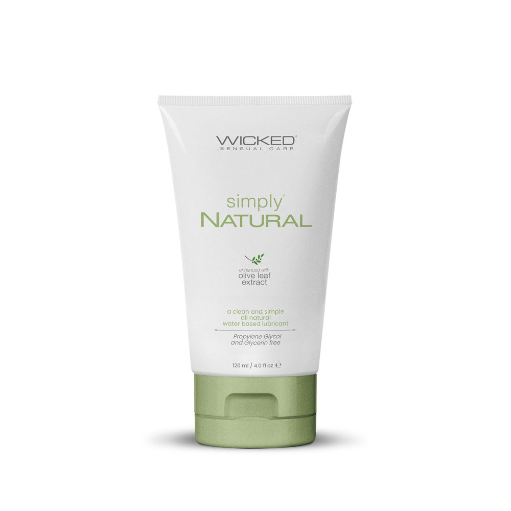 Wicked Simply Natural Lubricant 4 Oz tube featuring olive leaf extract and water-based formula.