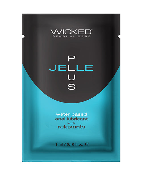 Wicked Jelle Plus Water Based Anal Lubricant with Relaxants 3 ml packaging in blue and black color.