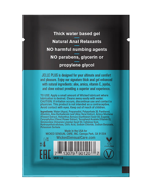 Wicked Jelle Plus Water Based Anal Lubricant with Relaxants 3 ml packaging details and ingredients.
