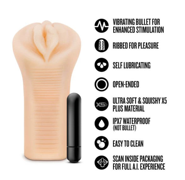 Enlust Emma Male Masturbator With Bullet Vibrator Beige with vibrating bullet and ribbed design for enhanced pleasure.