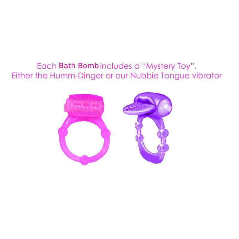 Hearts Aflame Erotic Lovers Bath Bomb includes a mystery toy: Humm-Dinger or Nubbie Tongue vibrator.