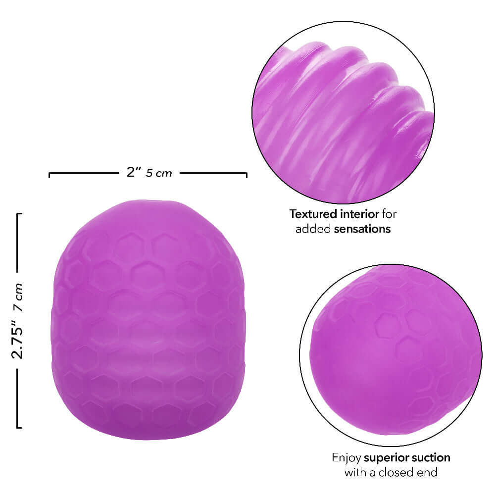 Pop Sock Textured Stroker Purple showing textured interior, dimensions, and superior suction features.