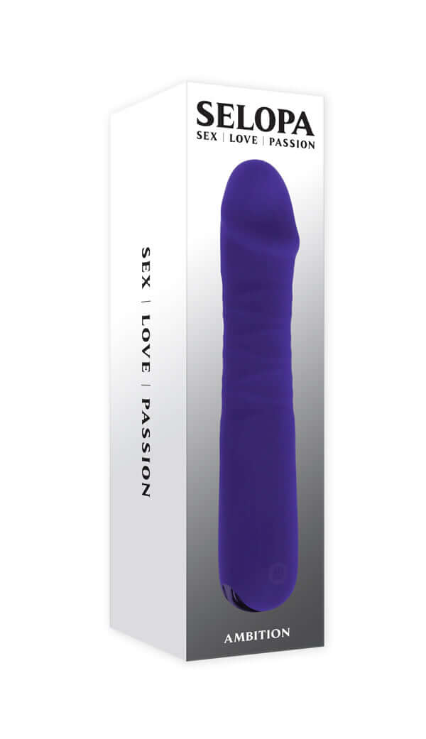 Selopa Ambition rechargeable vibrator packaging in purple, promoting pleasure and multi-speed thrusting features.
