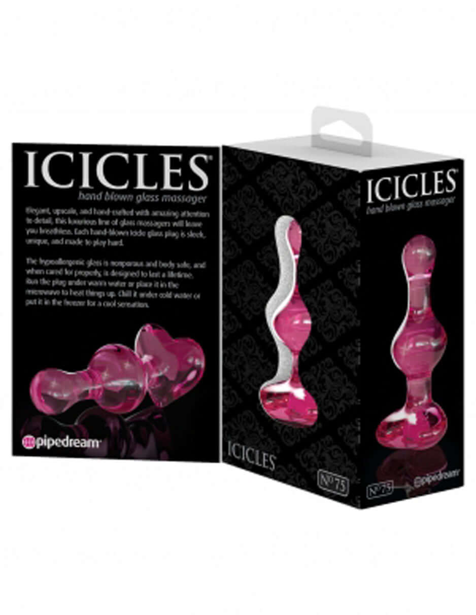 Icicles No 75 Glass Anal Plug Pink in packaging showcasing elegant design and features for luxurious pleasure.