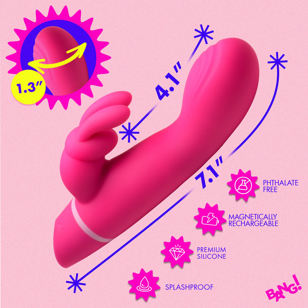 Bang Come Hither Silicone Rabbit Vibrator Pink with dimensions and features highlighted, showcasing its dual stimulation design.