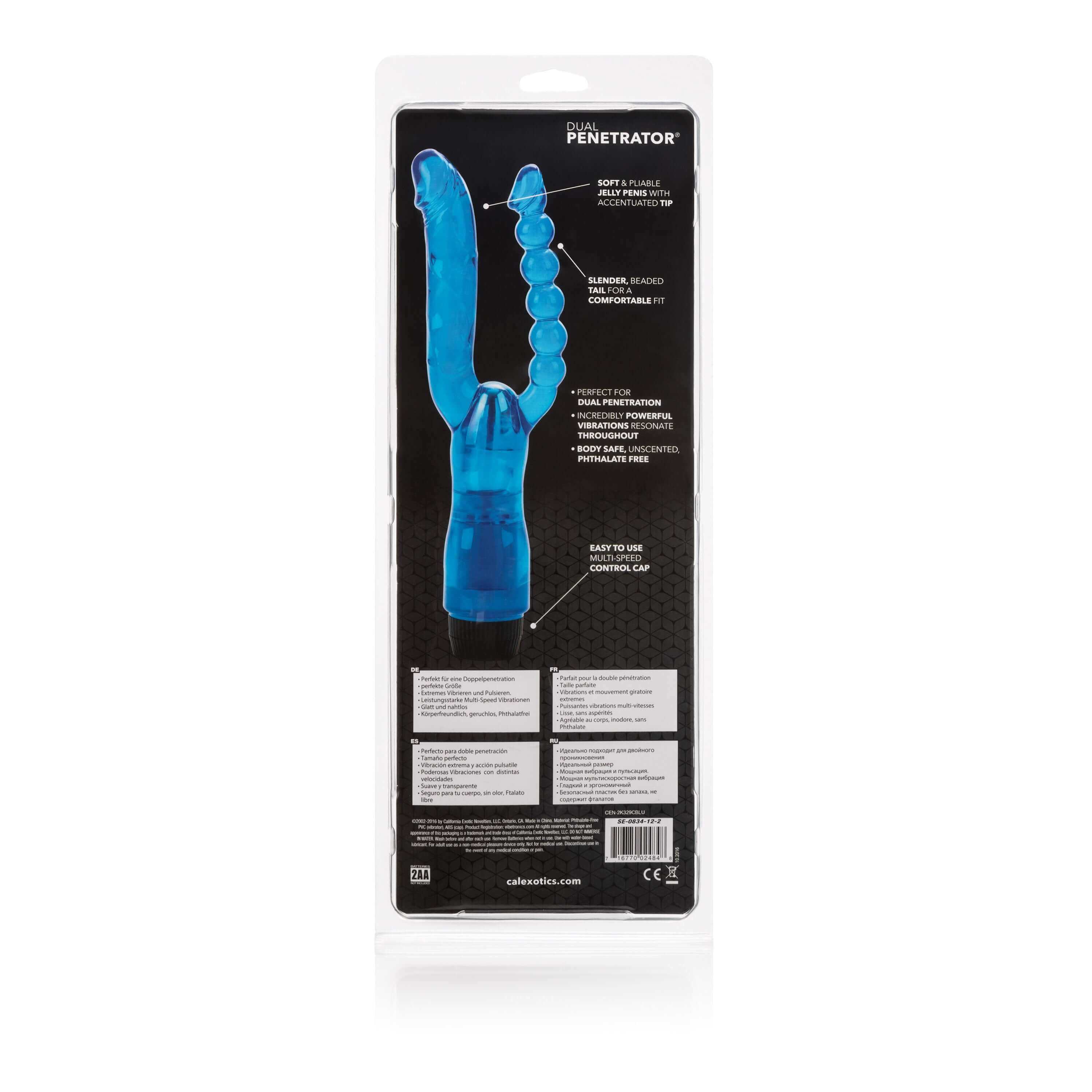 Dual Penetrator Flexible Vibrator Blue in packaging, showcasing its dual action design with flexible anal beads and penetrating shaft.