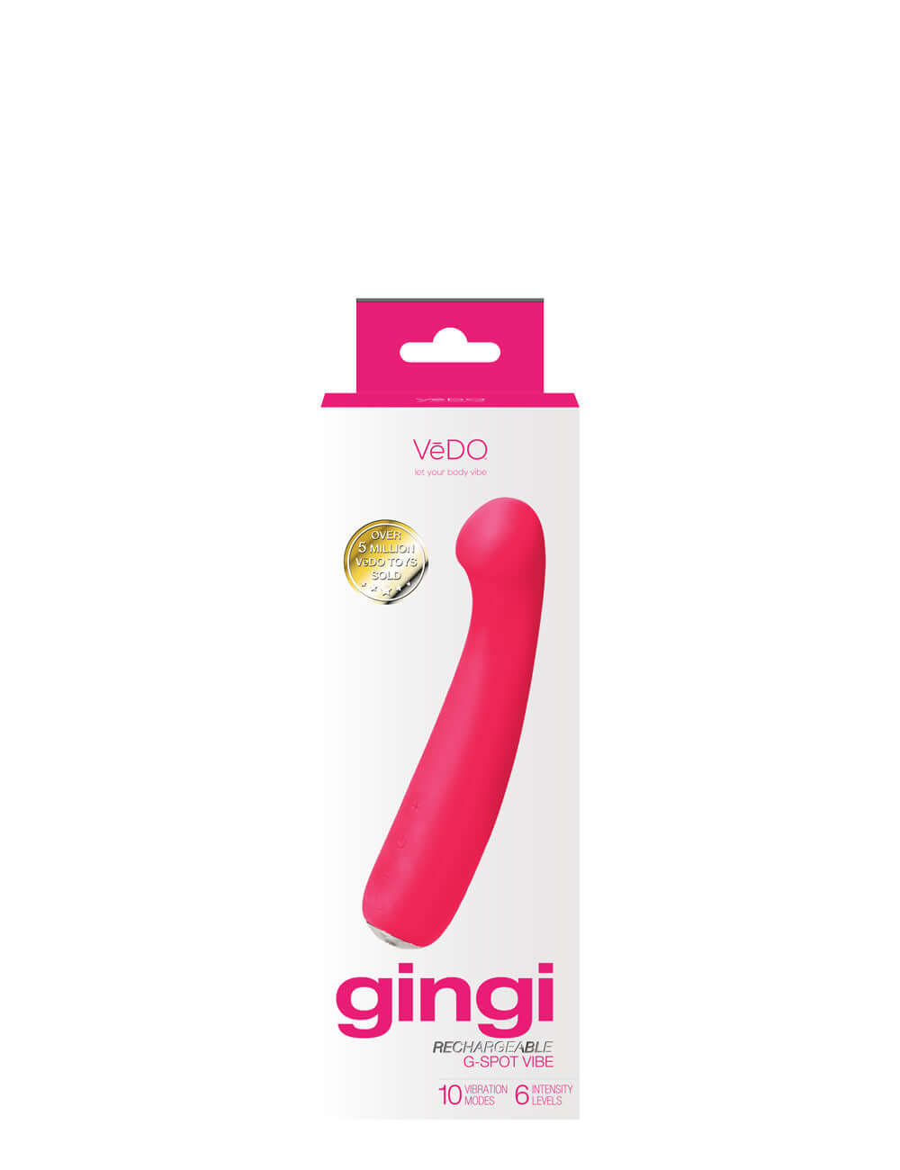 Vedo Gingi Rechargeable G Spot Vibrator Pink in packaging, showcasing its sleek design and vibrant color.