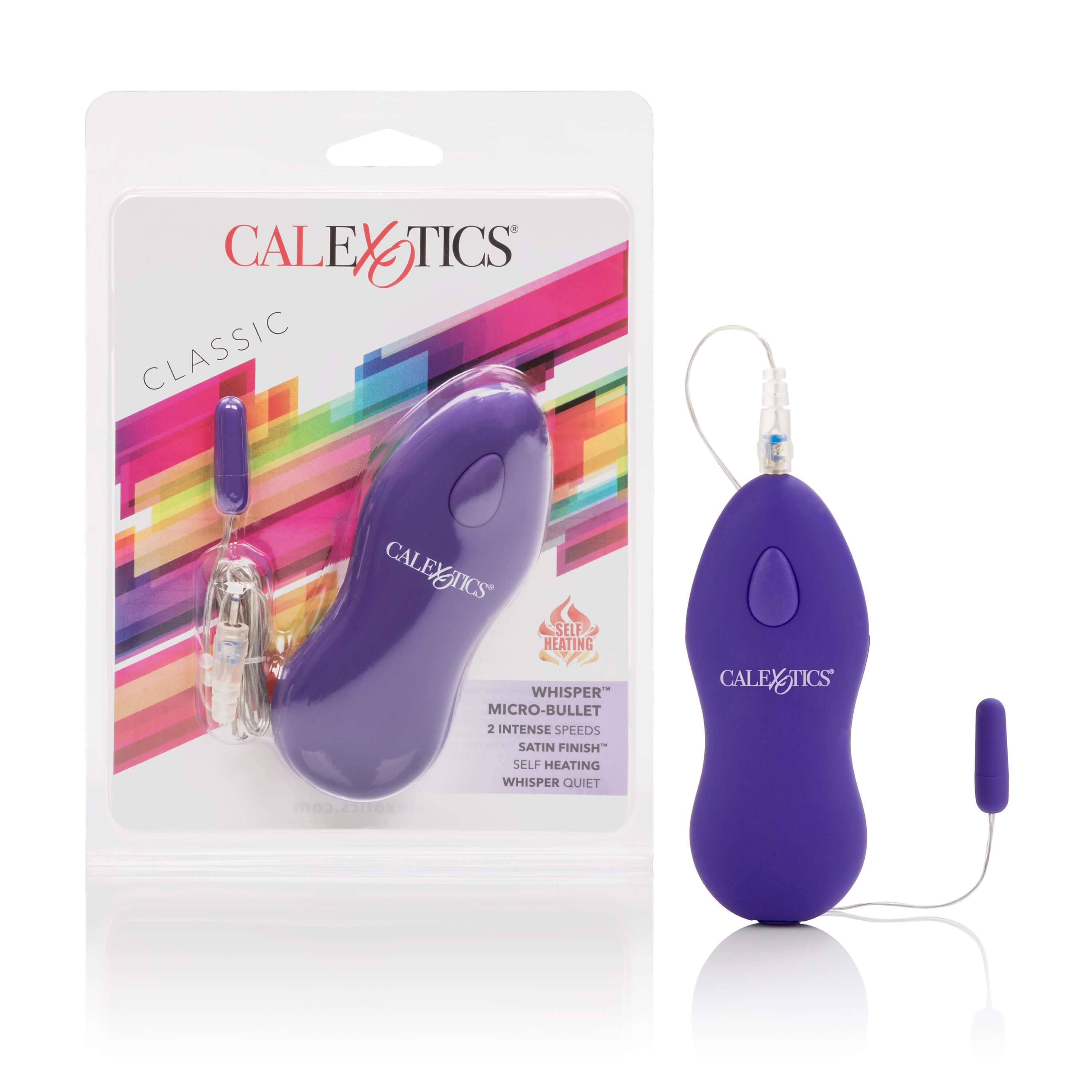 Whisper Micro Bullet Vibrator Purple in packaging, showcasing sleek design and remote control for powerful stimulation.