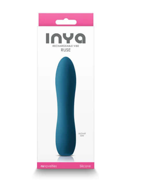 Inya Ruse Rechargeable Vibe Teal packaging featuring a sleek silicone design for discreet stimulation.