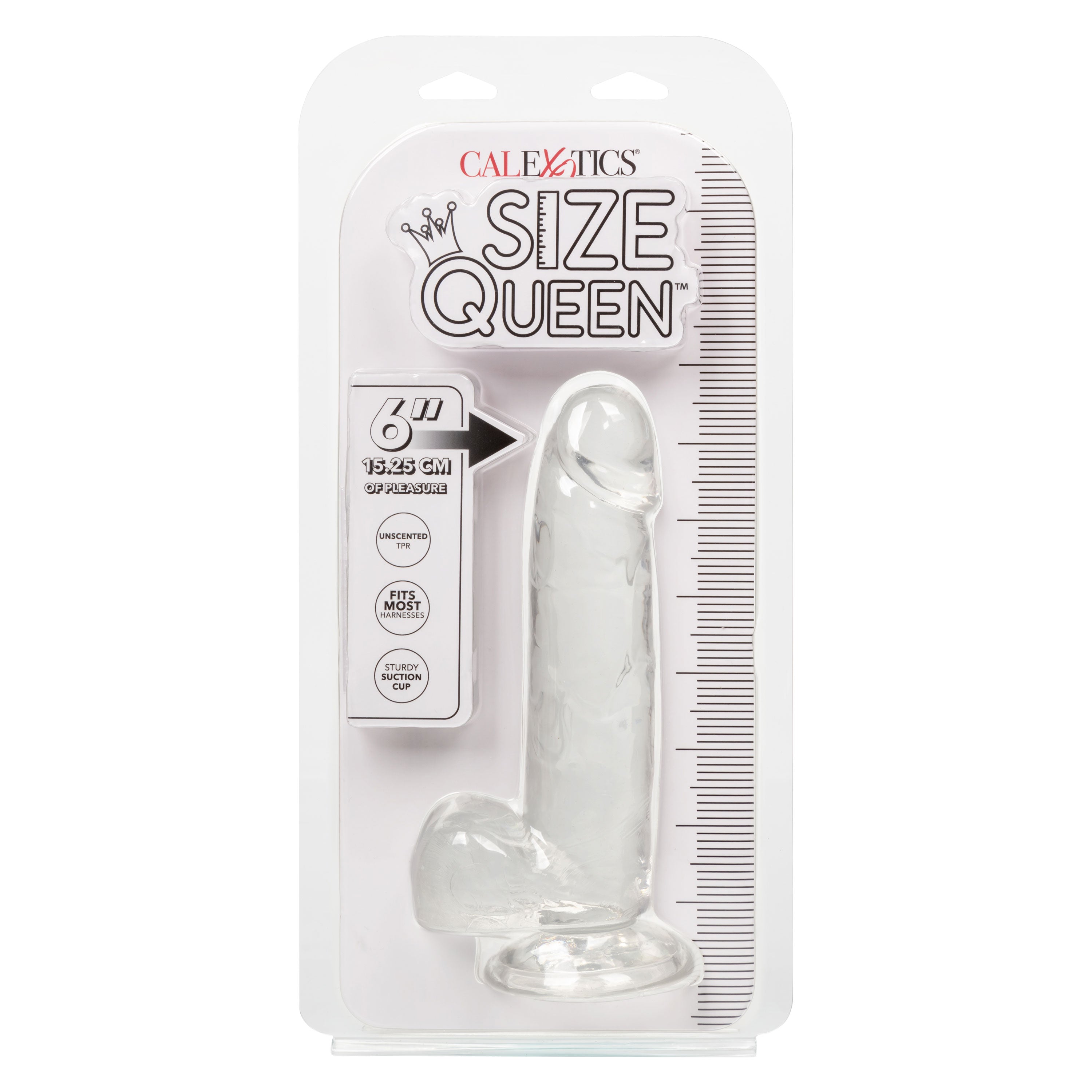 Size Queen 6 inch Realistic Dildo Clear in packaging with measurement markings for reference.