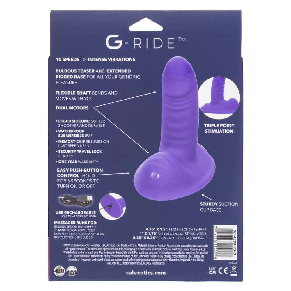 G-Ride Thrill Ride Liquid Silicone Vibrator Purple packaging showcasing features and specifications for a dual motor vibrator.