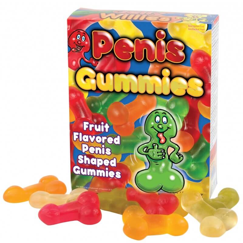 Penis Gummies 4.23 Oz box with colorful gummy candies shaped like penises in various fruit flavors.