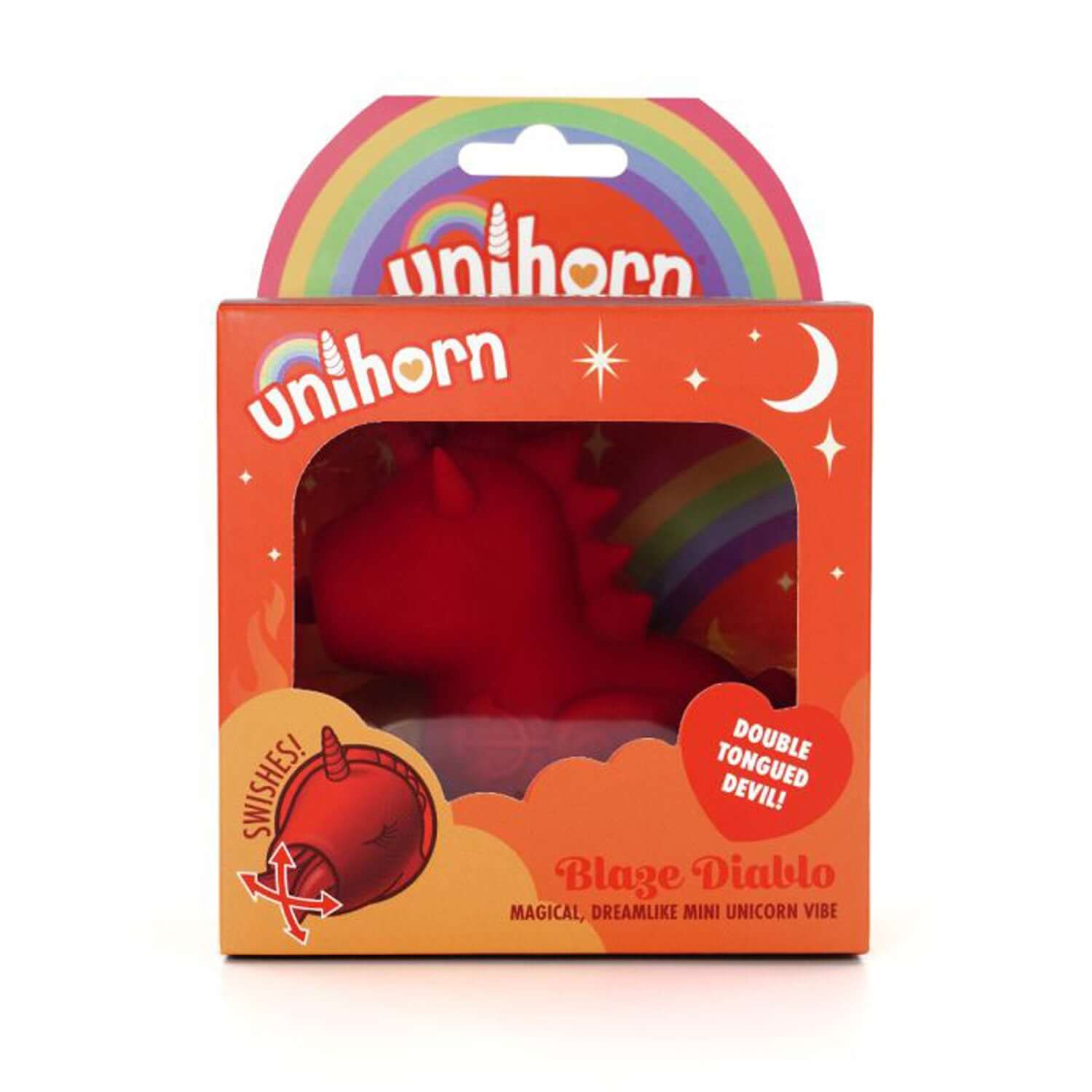 Unihorn Blaze Diablo red figurine in packaging with vibrant design and rainbow, featuring double-tongued devil branding.
