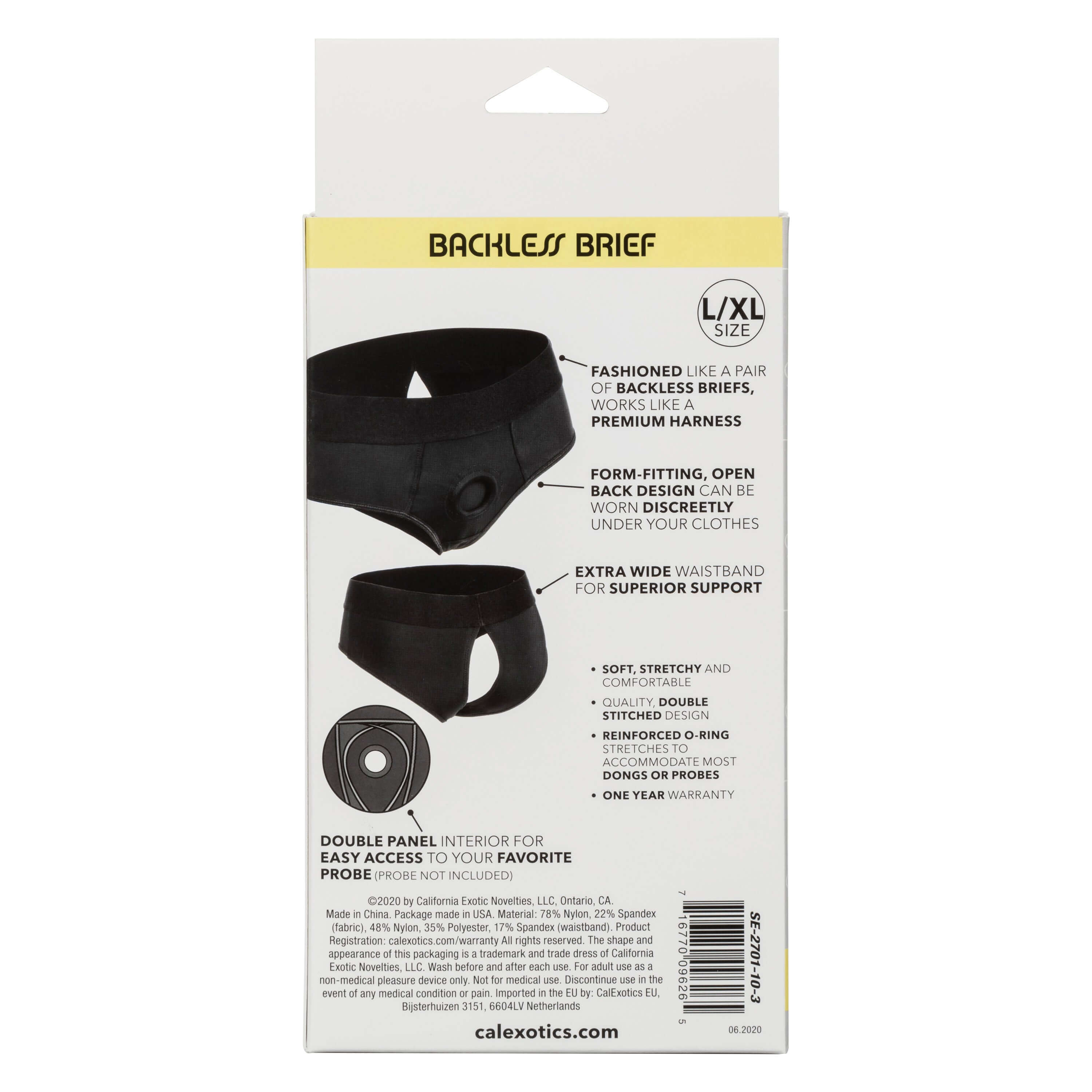 Boundless Backless Brief Large XL Black packaging showing back design and features for discreet wear and support.