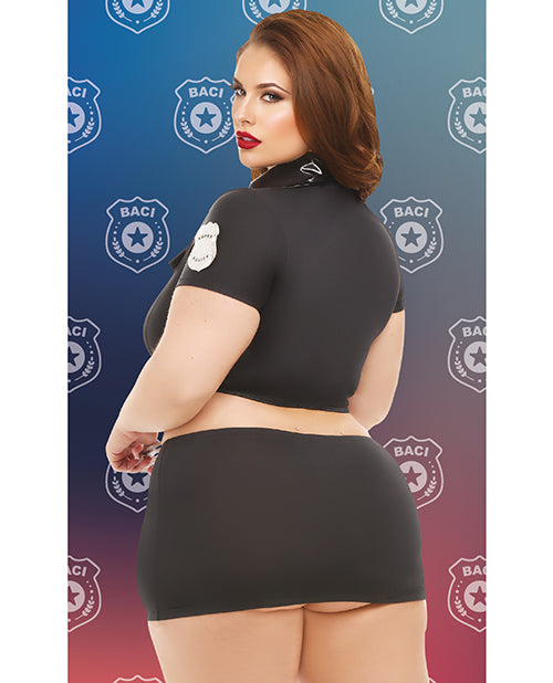 Dreams by Baci Badge of Desire 4-pc Costume Set Black Queen showcased on a model, featuring a cropped top and flirty design.