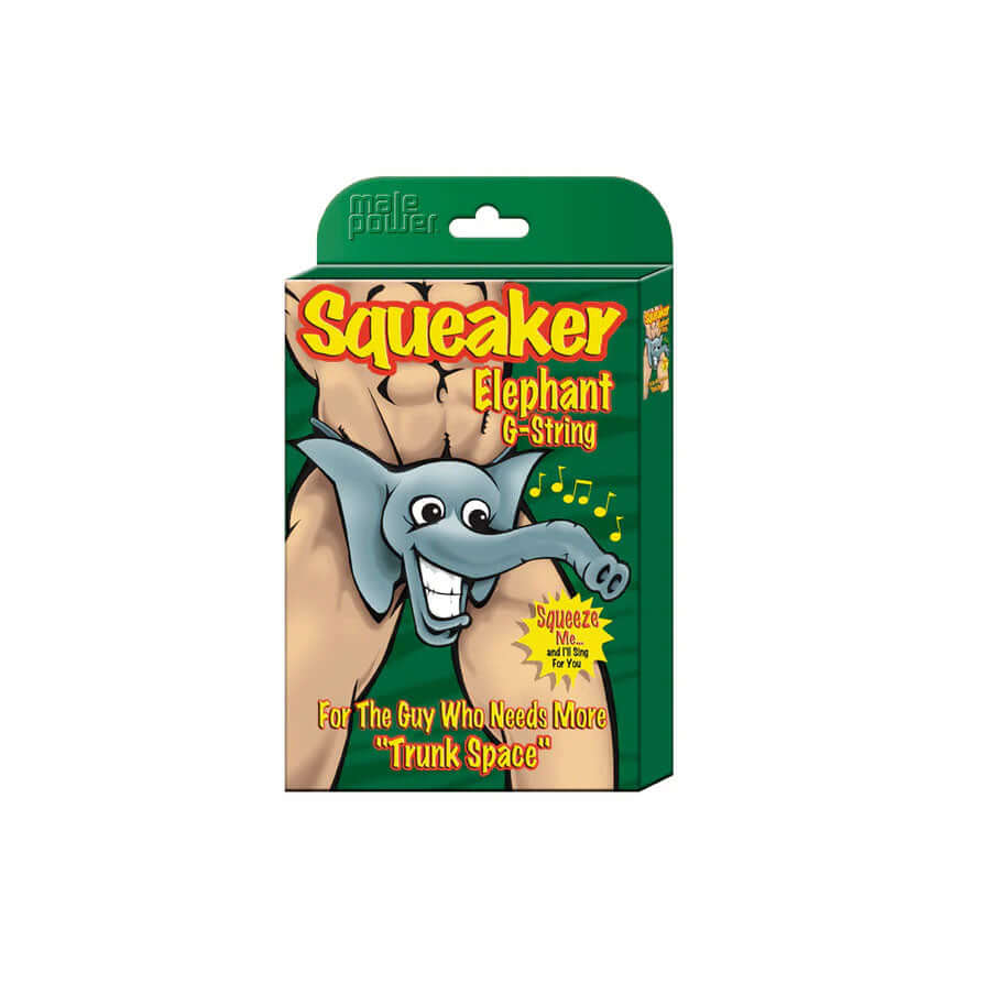 Squeaker Elephant G-String One Size Black novelty men's lingerie packaging with playful elephant design.