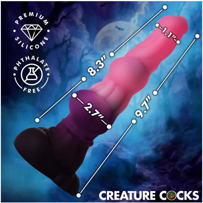 Creature Cocks Lycan Werewolf Silicone Dildo with measurements showcasing premium silicone and phthalate-free material.